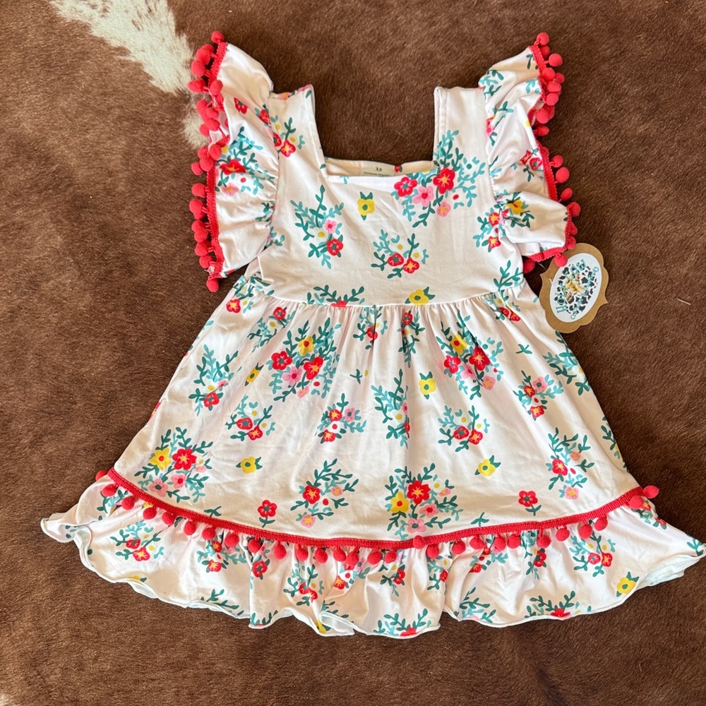 Girls Floral Dress with Red Pom-Poms